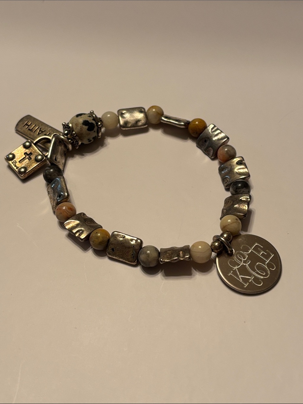 Vintage Mixed Metal Earth Tone Beaded Charm Bracelet – Faith & Cross Detail